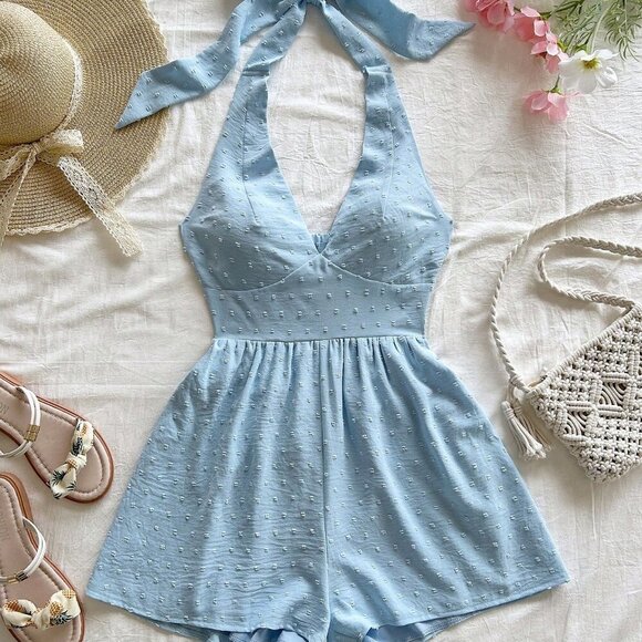 Blue Boho Women's Textured swiss dot halter Romper Vacation - Picture 3 of 6